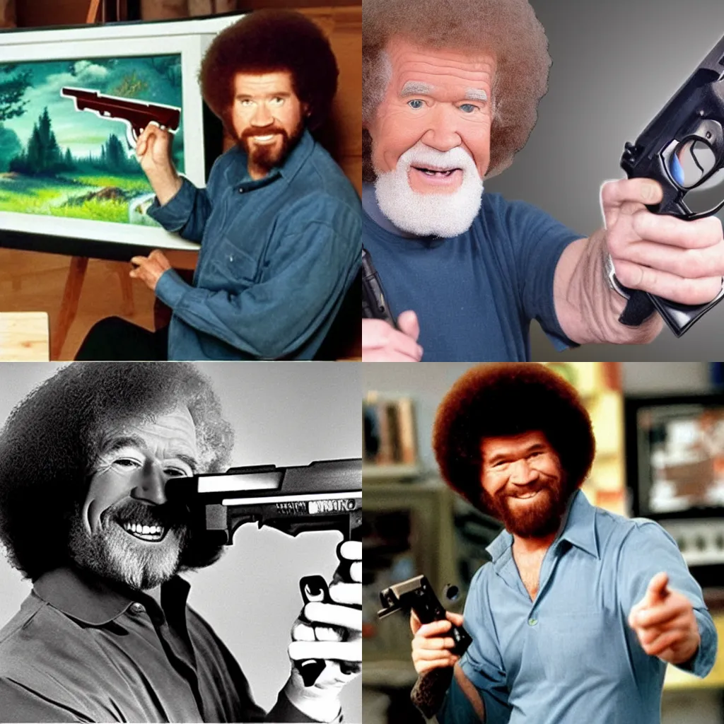 Prompt: Bob Ross shows everyone how cool futuristic guns make him look