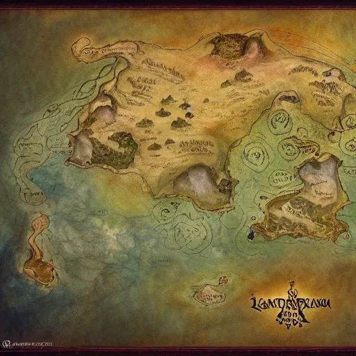 Image similar to simple fantasy map, the land of Odrua, several continents arranged in an arc, world of Lute, by JRR Tolkien and Brian Froud, Vatican Map Room, fantasy concept painting, Magic The Gathering Art, trending on art station, oceans, continents