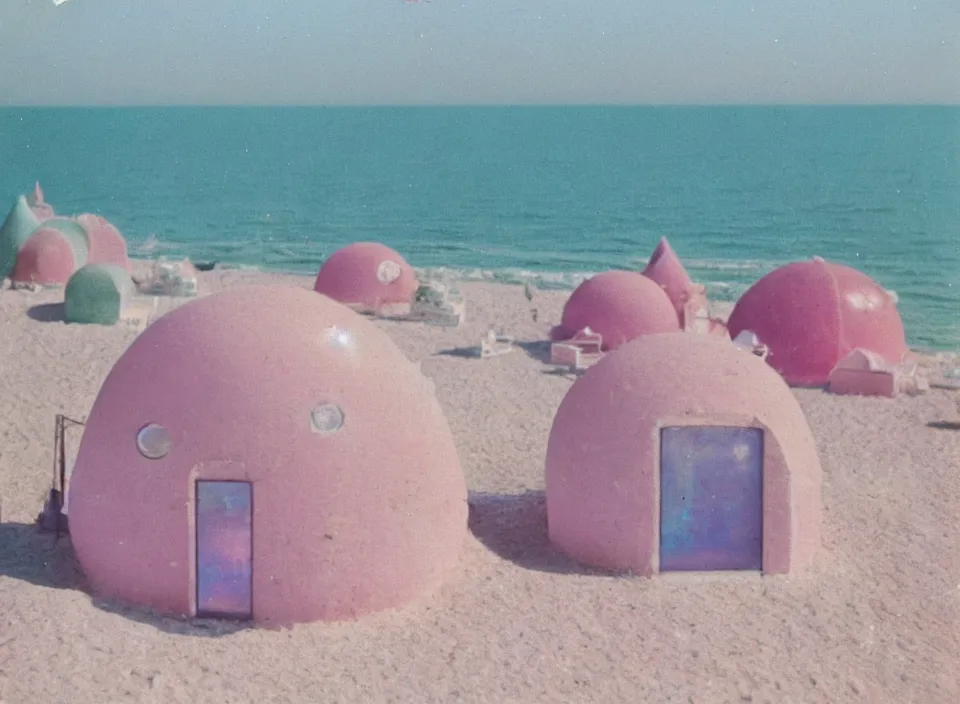 Prompt: a pastel coloured vintage family holiday photo of an empty beach from an alien dreamstate world with chalky pink iridescent!! sand, reflective lavender ocean water, dim bioluminescent plant life and an igloo shaped open fronted shiny plastic festival stage and large boxy sound system with transparent frosted panels!! glare. refraction, volumetric light.