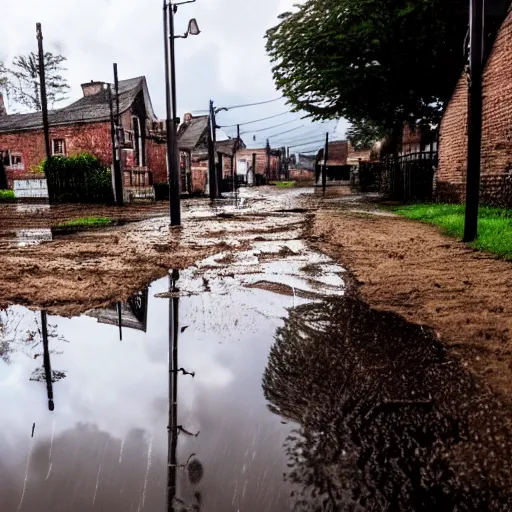 Image similar to still photo of rain puddles and reflections in a muddy village, cloudy weather, highly detailed, photorealistic shot, bright studio setting, studio lighting, crisp quality and light reflections, unreal engine 5 quality render