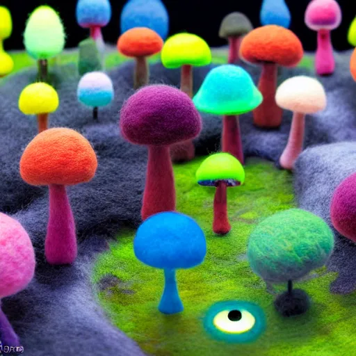 Prompt: a wide angle portrait of a black boy with a colorful afro in a miniature candy forest, neon magic mushrooms with eyes by goro fujita, mark ryden and lisa frank, felt texture, volumetric wool felting, radiant light, amigurumi, macro photography, miniature world, depth of field, breathtaking landscape, detailed environment