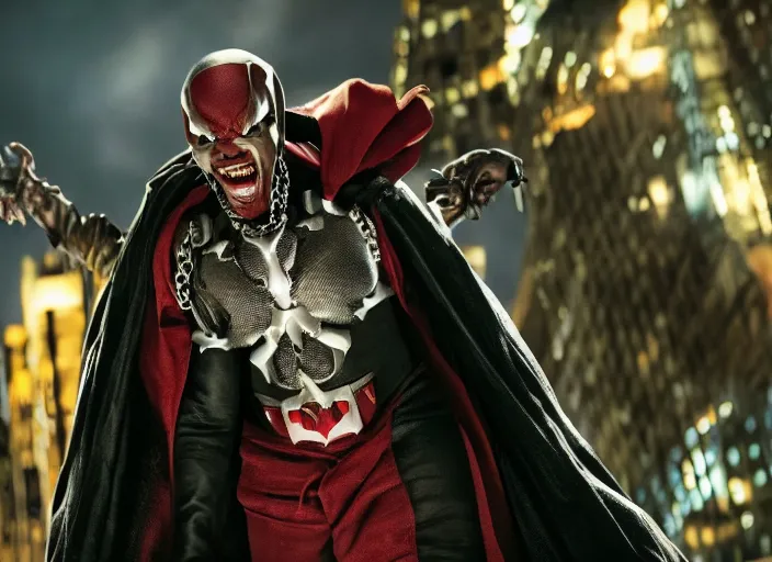 Image similar to film still of jamie foxx as spawn in the new spawn movie, giant chains, large cape, 8 k