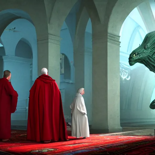 Image similar to octane render by mort kunstler and annie leibovitz and monia merlo, a line of people in colorful tunics receiving holy communion from a monstrous alien creature in a red cardinal robe, 4 d, 4 k, volumetric lighting, ray traced lighting, ultra - detailed