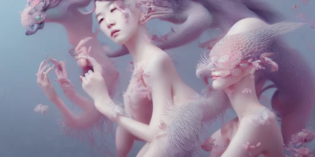 Image similar to breathtaking delicate detailed concept art painting creature, by hsiao - ron cheng, bizarre compositions, exquisite detail, pastel colors, ornate background, 8 k