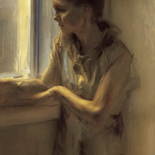 Image similar to weathered hands resting on a window sill, soft light, by jeremy mann, anders zorn.