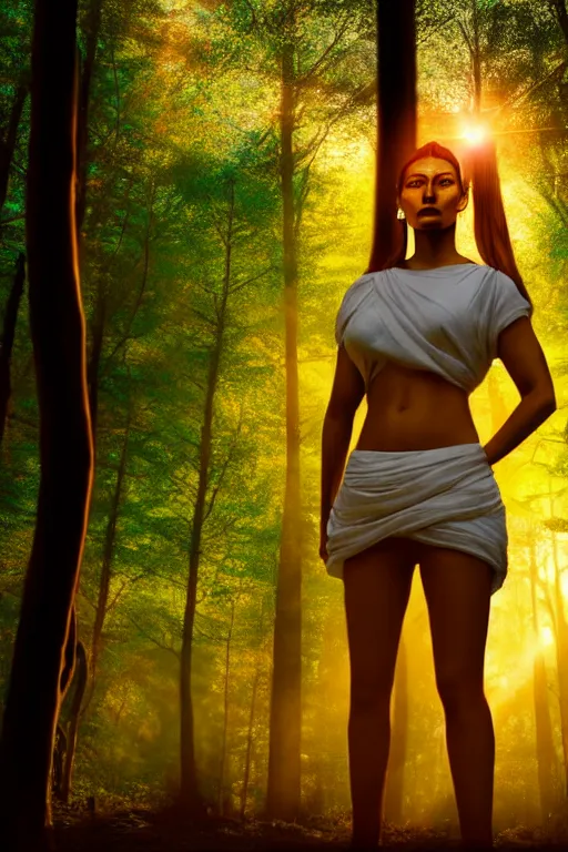 Image similar to hyperrealistic mithra as a woman standing in a forest sun behind him concept art eric zener elson peter cinematic side soft yellow light low angle hd 8k sharp shallow depth of field