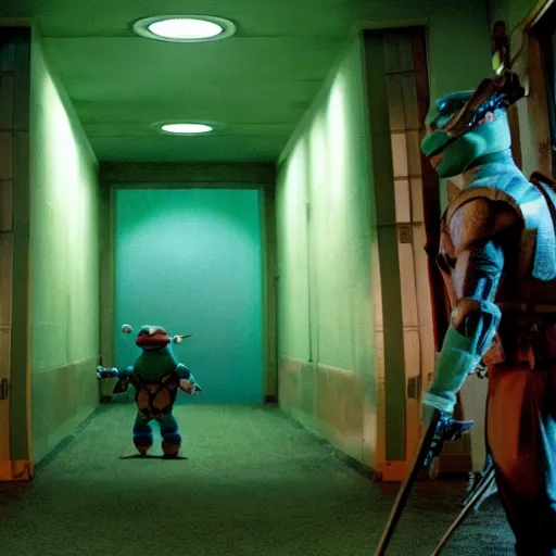 Image similar to movie still of Teenage Mutant Ninja Turtles in The Shining