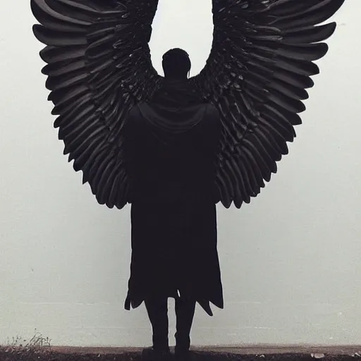 Image similar to a man dressed in black with large black wings, a statue by kubisi art, trending on cgsociety, kintsugi, angelic photograph, national geographic photo, made of feathers