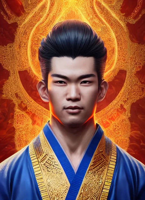 Image similar to male martial artist with a high ponytail!!! asian facial features and blue eyes!! intricate ornate blue robes!! character concept art, sharp focus, octane render! unreal engine 5! highly rendered!! trending on artstation!! detailed linework!! illustration by artgerm, wlop, and chie yoshii