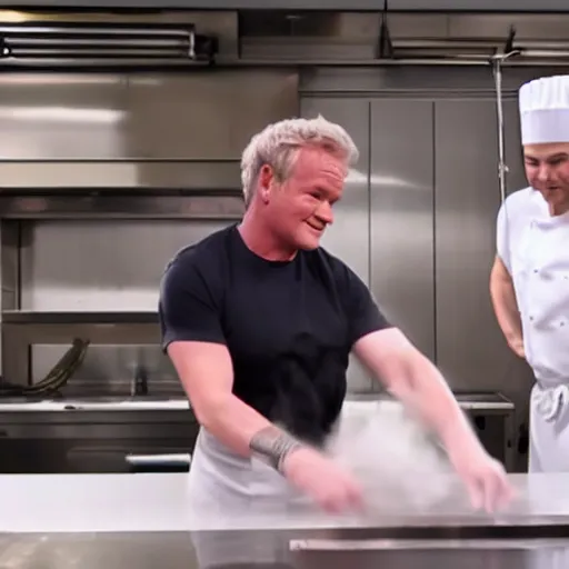 Image similar to hyper real Gordon Ramsey cooking a unicorn in kitchen 4k