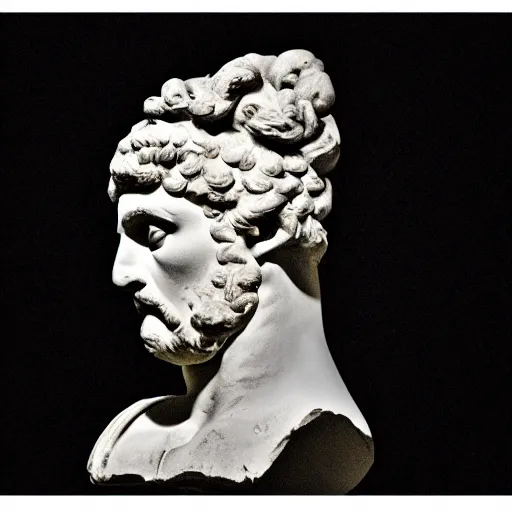 Image similar to an ancient Roman bust on fire in a dark room, high contrast, black, realistic