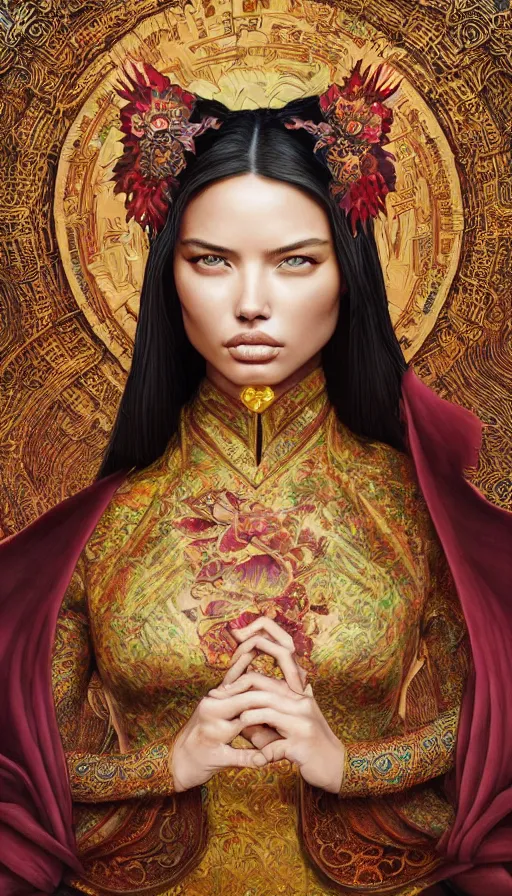 Image similar to adriana lima, traditional chinese clothing, fame of thrones, fibonacci, sweat drops, intricate fashion clothing, insane, intricate, highly detailed, surrealistic, digital painting, artstation, concept art, smooth, sharp focus, illustration, unreal engine 5, 8 k, art by artgerm and greg rutkowski and alphonse mucha