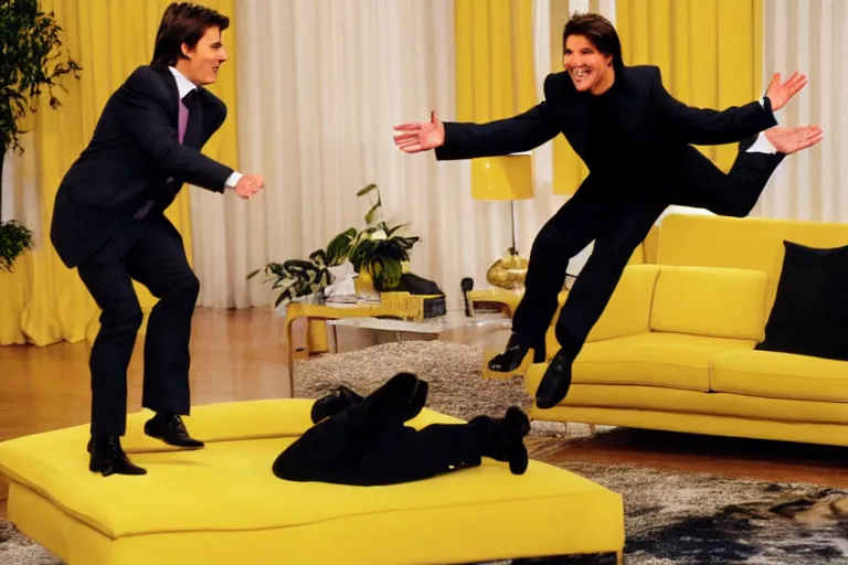 Image similar to tom cruise jumping!!! on oprah yellow couch