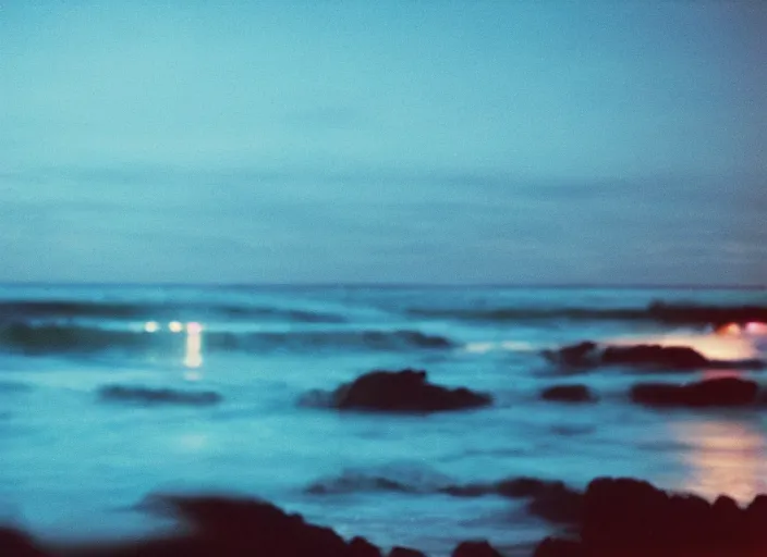 Image similar to photography, ocean at night, blue lighting, glowing city in the distance 35mm film,