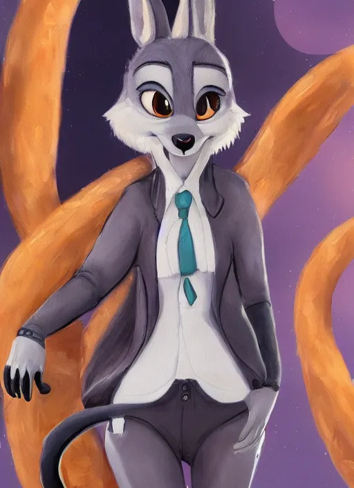 Image similar to oil painting detailed full body of anthromorphic female wolf, in style of zootopia, zootopia, zootopia, fursona, furry, furaffinity, 4 k, deviantart, furry art, fursona art, wearing astronaut outfit, in style of zootopia, wolf fursona, cyberpunk, female, detailed feminine face,