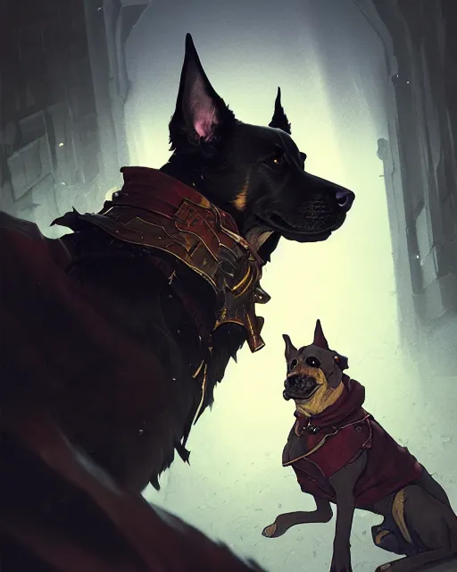 Image similar to Dog Thief, greedy, portrait, D&D, artstation, fantasy, magic the gathering artwork, cinematic lighting, centered, symmetrical, highly detailed, digital painting, , concept art, smooth, sharp focus, illustration, volumetric lighting, epic Composition, 8k, art by Akihiko Yoshida and Greg Rutkowski and Craig Mullins, oil painting, cgsociety