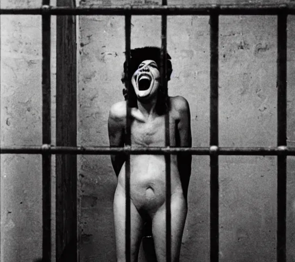 Image similar to Hans Bellmer photo of 'gigachad laughing behind jail bars', high contrast, high exposure photo