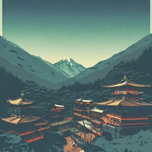 Prompt: a powerful japanese village high in mountains, concept art by laurie greasley and greg rutkowski, fantastic landscape, 8 k, vivid colors, cinematic color grading