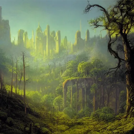 Image similar to fortress in the misty woods, crisp, clear, matte oil painting, darrell k sweet, wallpaper