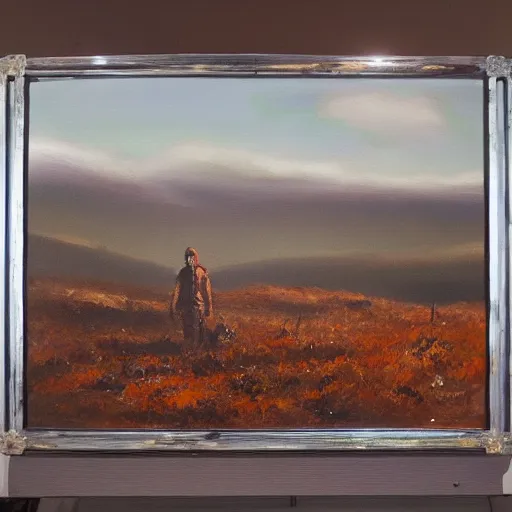 Prompt: Forlorn wanderer on a moor, oil painting, thick brushstrokes, layers of paint, museum exhibit, ambient lighting, chrome and dark orange,