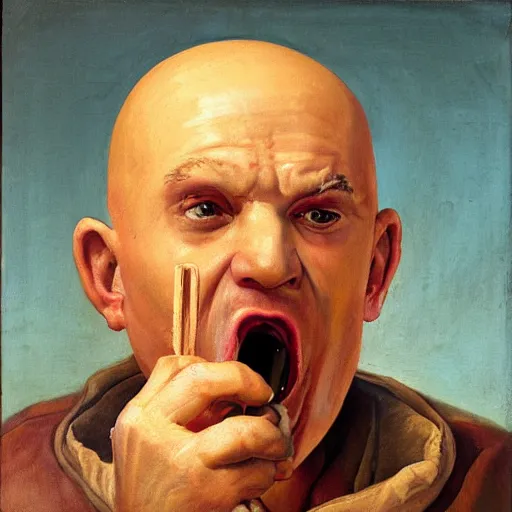 Image similar to vivid renaissance oil painting of an old bald man angrily eating ice cream