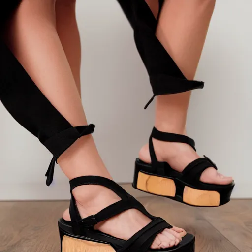 Image similar to woman's feet in black demonia chunky platform sandals, studio light, 8 k