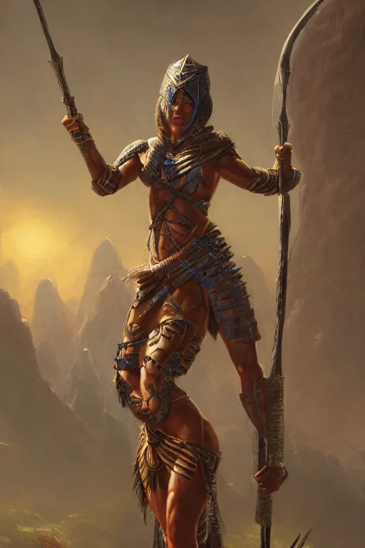 Prompt: ethnic warrior female toned body, wearing tribal armor, holding wodden spear, by thomas cole and wayne barlowe 8 k, high detail, fantasy art, dnd, artstation,