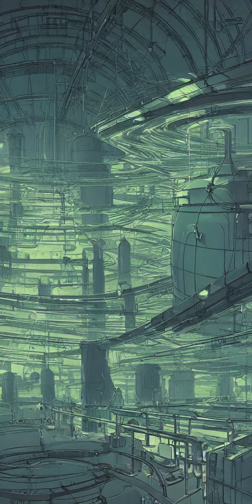 Prompt: experimental water tanks , mysterious laboratory, thick green mist, low ceiling, cables hanging from ceiling, thick cables on ground, god rays of light, huge computer screens, neons, saturated top light , epic scene, scifi, illustration, art by ghibli moebius