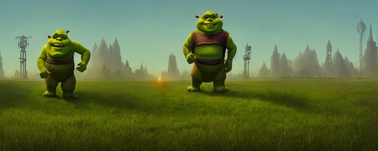 Prompt: Shrek in the middle of an open field, standing before a huge robot, highly detailed, digital art, in the style of Simon Stålenhag, trending on artstation, matte painting, accurate anatomy, elegant, concept art, sharp focus, 4k