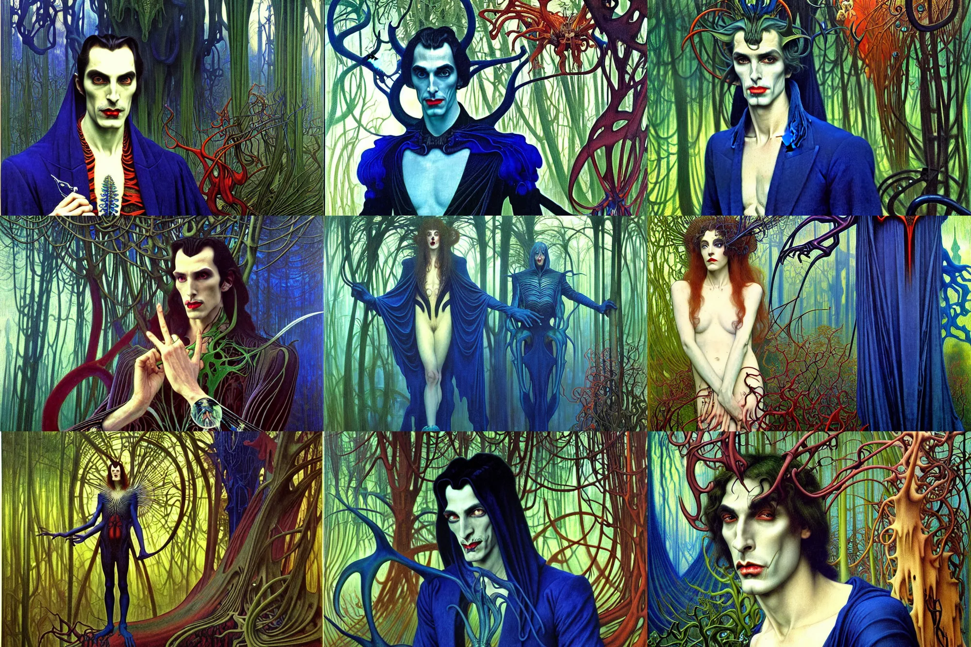 Prompt: realistic detailed portrait painting of a beautiful vampire man dressed as dracula, futuristic sci-fi forest on background by Jean Delville, Amano, Yves Tanguy, Alphonse Mucha, Ernst Haeckel, Edward Robert Hughes, Roger Dean, rich moody colours, blue eyes