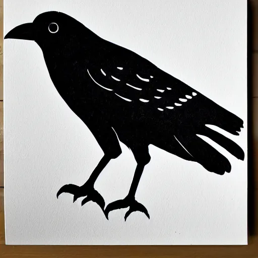 Prompt: crow, smooth clean block print, 4k, black ink on white paper