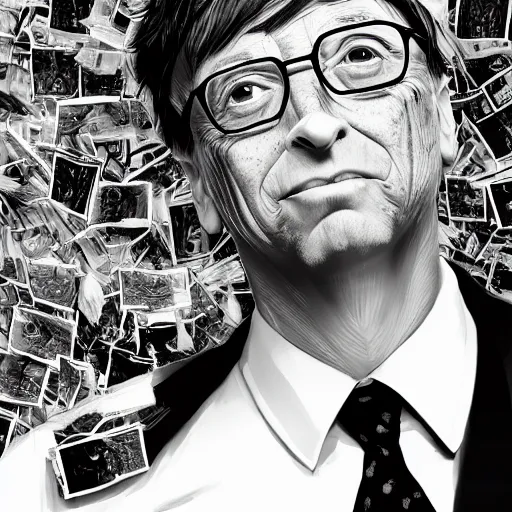 Image similar to bill gates full body portrait, piles of syringes behind him, body horror, black and white illustration by junji ito and francis bacon, hunter s thompson feeling of grimdark, sharp focus, fiction, hyper detailed, digital art, trending in artstation, cinematic lighting, studio quality, smooth render, unreal engine 5