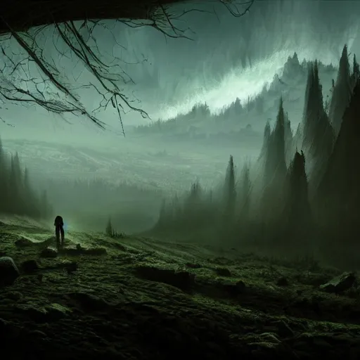 Image similar to huge valley, creepy valley, extreme drama, distant glow, hdr, movie still, fully photorealistic, artstation, beautiful concept art, sharp luminescent focus, nd 6, sony fx 6, glowing luminescent invocations