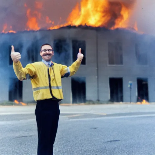 Prompt: a photo of a smiling system administrator doing a thumb up to the camera in front of burning data center in flames in the background, 35mm, full body shot, press photo
