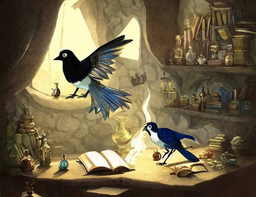 Prompt: magical magpie in an alchemist's study. this matte painting by the beloved children's book illustrator has a beautiful composition, dramatic lighting.