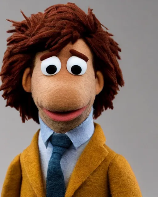 Image similar to jim halpert as a muppet. highly detailed felt. hyper real photo. 4 k.