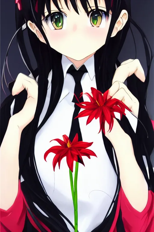 Image similar to Key anime visual of a beautiful girl with black hair and red eyes holding a spider lily; wearing white blouse with black tie; trending on Pixiv; digital art