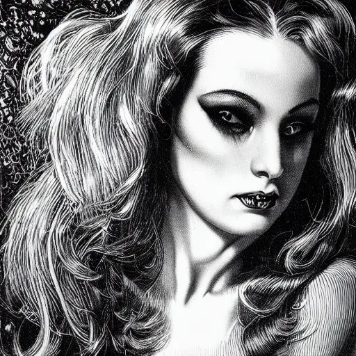 Prompt: a hyperrealistic portrait painting of a beautiful female vampire, by virgil finlay, highly detailed,