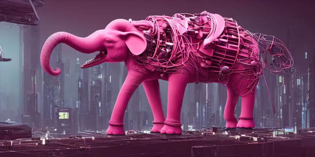 Prompt: a 3 6 0 image of a giantic analogic synthsizer with a lot of button potenciometers and iron cables played by a antropomorphic pink elephant, futuristic, cyberpunk, biomechanical, xenomorphic, photorealistic, ultra detailed, 4 k, chomatic aberration, dof