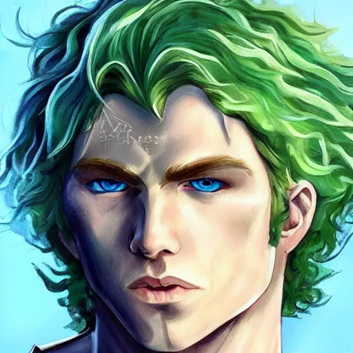 Image similar to oil painting of a beautiful platinum blond curly haired cleanshaven himbo with heterochromia, one blue eye one green eye, wearing heavy armor, d & d fantasy concept art