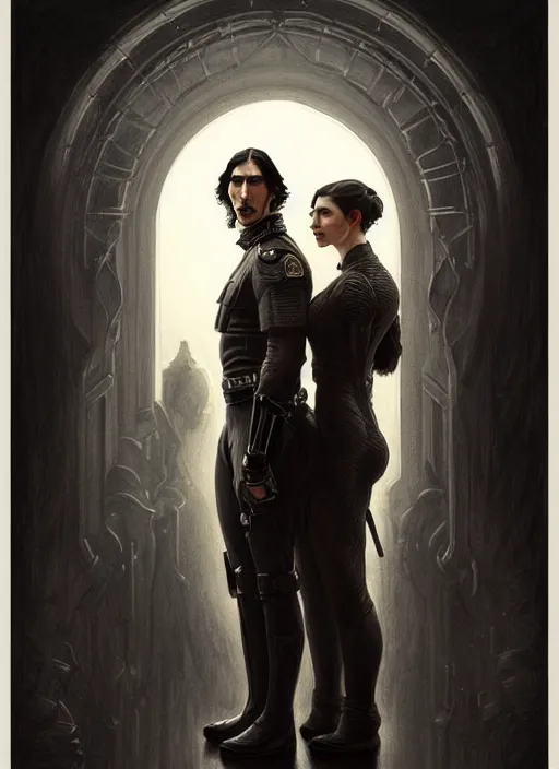 Prompt: portrait of two people, john oliver, adam driver, standing together, stoic, full body, military uniform, fantasy, intricate, elegant, beautiful, highly detailed, charcoal, centered, dark, smokey, digital painting, artstation, concept art, smooth, sharp focus, illustration, art by artgerm and greg rutkowski and alphonse mucha