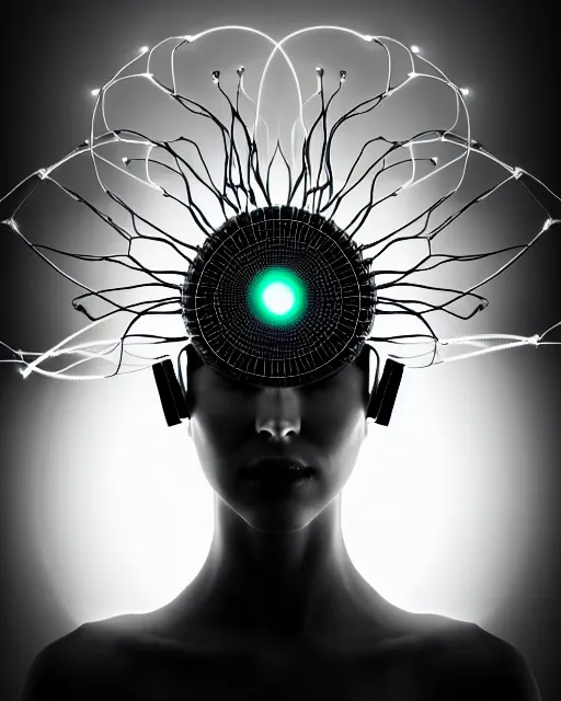 Image similar to black and white dreamy spiritual connected young female cyborg - plant goddess high quality photo, microchip, artificial intelligence, bio - mechanical bio - luminescence, black wired cables, neurons, nerve cells, cinematic, rim light, photo - realistic, elegant, high detail, 8 k, masterpiece, high fashion