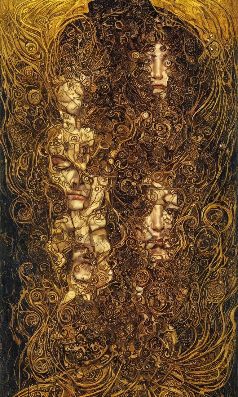 Image similar to Divine Chaos Engine portrait by Karol Bak, Jean Deville, Gustav Klimt, and Vincent Van Gogh, sacred geometry, visionary, mystic, fractal structures, ornate gilded medieval icon, spirals