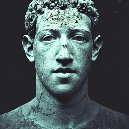 Image similar to Award-winning photograph by Paul Strand. The photo depicts a decaying roman bust of Mark Zuckerberg overgrown with moss at the bottom of the sea in the middle of ruins of civilization. Ruins. Minimalism, high definition, perfect composition. Deep sea picture. Very dark. Volumetric Lighting. Fish. Darkness. Ruins