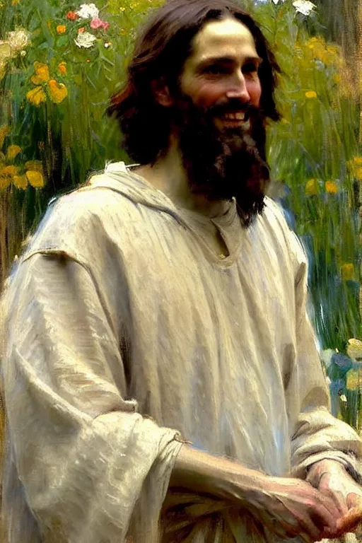 Image similar to impressionist brushstrokes!!!!!!!!! solomon joseph solomon and richard schmid and jeremy lipking victorian loose genre loose painting full length portrait painting of jesus with a slight smile happy inviting