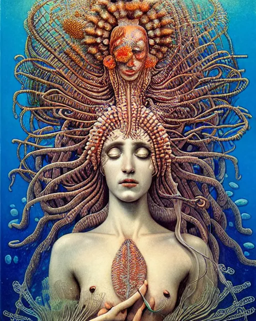 Image similar to realistic detailed underwater portrait of the beutiful young goddess of the fish of the three times with an intricate headdress of corals, sea kelp, sea plants, fish, jellyfish, art by ernst haeckel, zdzisław beksinski, gothic, neo - gothic, ornamental,