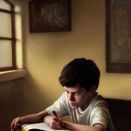 Image similar to Epic portrait An exhausted boy doing homework while his angry dad is watching him, Blurred backround, Cozy, atmospheric, digital painting, artstation, concept art, soft light, hdri, smooth, sharp focus, illustration, fantasy, intricate, elegant, highly detailed, D&D, matte painting, in the style of Greg Rutkowski and Alphonse Mucha and artemisia, 8k, highly detailed, jurgens, rutkowski, bouguereau, pastoral, rustic, georgic