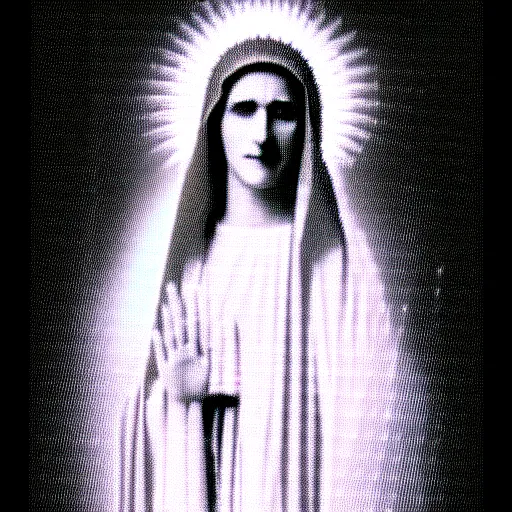 Image similar to vhs static overlay of marian apparition, vhs, 1 9 9 0, highly realistic, highly detailed, vhs noise static, black and white, vhs glitch