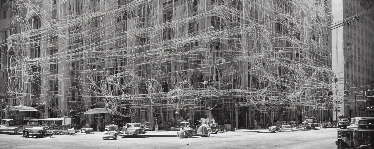 Prompt: a building made of spaghetti in downtown los angeles, circa 1 9 2 5, canon 5 0 mm, cinematic lighting, photography, retro, film, kodachrome