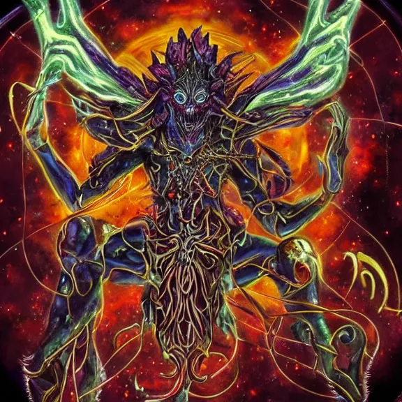 Prompt: a cosmic deity of chaotic blood wars embodied in the offspring of evil gods incarnate so they may feed on the broken souls of the empty shells of the created humans made for one thing but to be soulfood for the wicked damn
